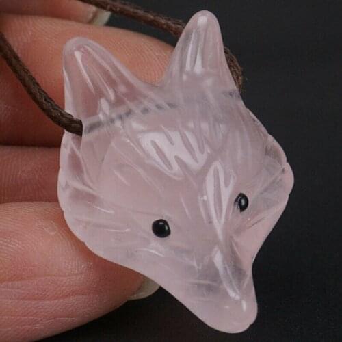 1.37"Fox Head Pendant Natural Rose Quartz Necklace Fashion Jewelry Stone Carving