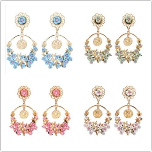 Trendy Vintage Pink Flower Earrings For Women Girl Jewelry Female Rhinestone Gold Metal Round Circle Drop Earrings Gifts Brincos