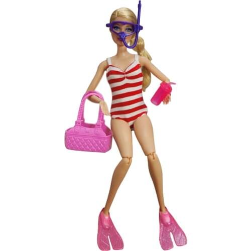 1/6 Fashion Pink Swimming Outfits Set For Barbie Doll Clothes Respirator Bikini Shoes Cup Bag 11.5" Dolls Accessories Kids Toys