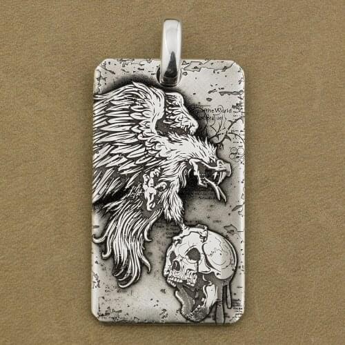 Vulture Skull DogTag 999 Pure Silver Mens Biker Punk Pendant 9X044