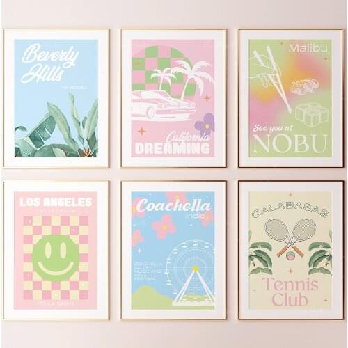 Set of 6 California Fashion Prints, A3, A4 Poster, Retro, Gallery Wall, Rodeo Drive, Wall Art, Holiday, Destination, Pink