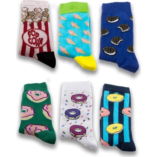 Unisex Graphic Socks Junk Food Patterned Concept Wooden Box 6 Pieces Cotton Men Women Socks Set For Gift Colourful New Fashion