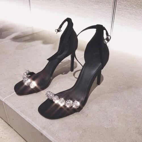 European and American 2021 Summer New Sexy High Heels Womens Stiletto Rhinestone Open Toe Ankle-Strap Buckle Sandals