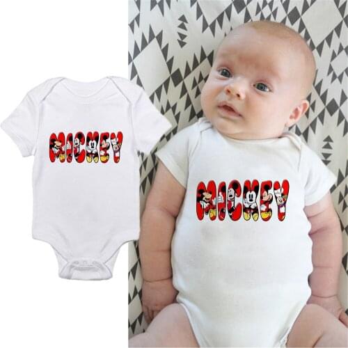 New Baby Girl Clothes Baby Boys Rompers Summer White Disney Letter Printed Cute Newborn Jumpsuits Infant Toddler Bodysuits 0-24M
