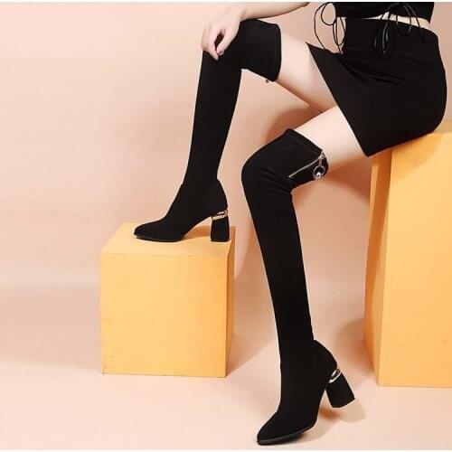 New Autumn/Winter Over-the-Knee Boots Female Thick Heel Slim-Fit Thigh-High Side Zipper High Leg Heeled Womens Stretch Boots