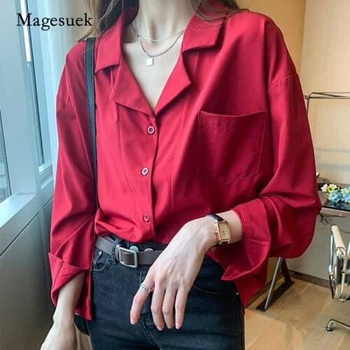 2020 Autumn Red Chiffon Long Sleeve Office Lady Womens Blouse Professional Notched Collar Loose Cardigan Shirt Blusas 10692