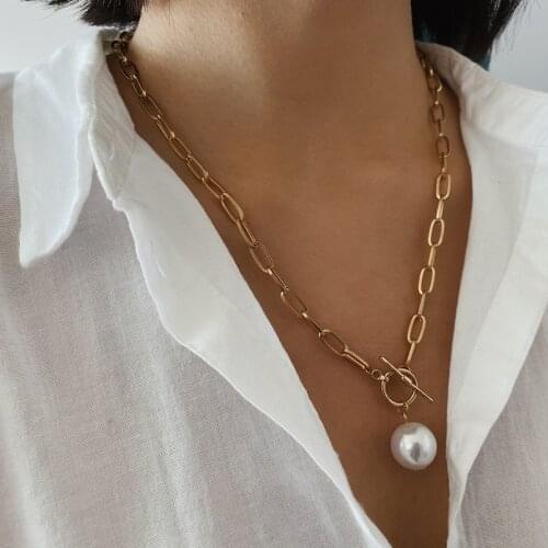 SRCOI Metal Thick Chain White Pearl Balls Pendant Necklace Toggle Clasp Big Chunky Simple Punk Style Long Necklace Female