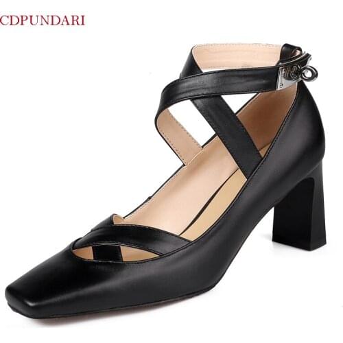 Sexy Black Genuine Leather Ankle Strap High Heels Pumps Ladies Spring Wedding Shoes Bride Escarpins Femme Tacones Mujer