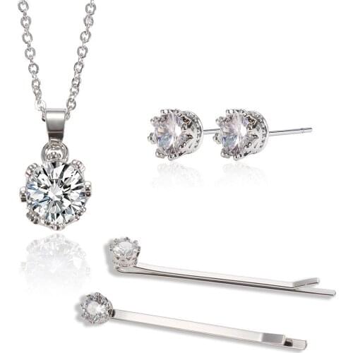 Simple Crown Stud Set Micro-encrusted Zircon Crown Earring Necklace Temperament Round Zirconia Jewelry Set