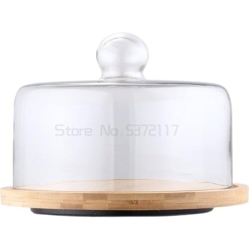 Transparent glass cover dessert plate wooden rotary cake display tray bread fruit pastry with cover tasting plate
