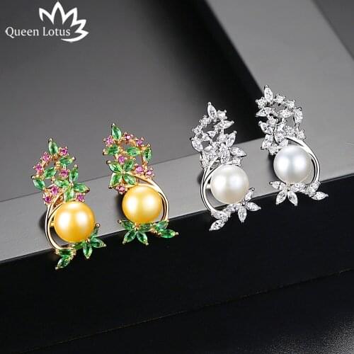 Queen Lotus 2018 Fashion Crystal Leaf Earrings for Women Luxury Peal Stud Earrings Korean Elegant Statement Earrings Jewelry Hot