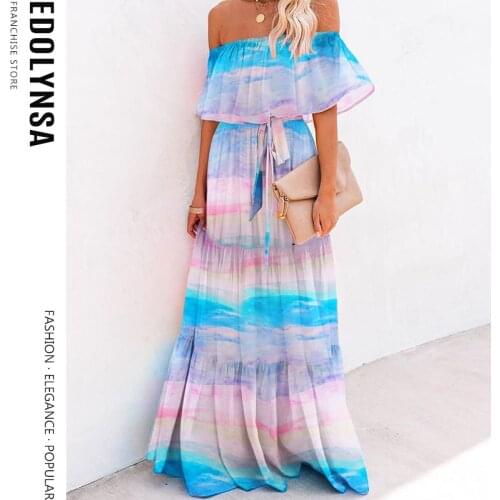 Multicolored Bohemian Ruffled Off Shoulder Self Belted Party Dress Cotton Tunic Women Plus Size Boho Maxi Dresses Vestidos A324