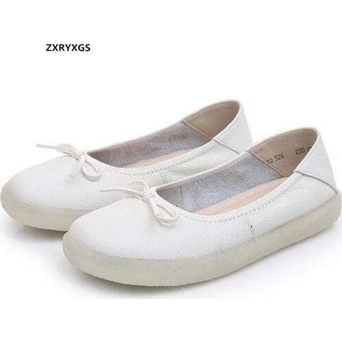 Promotion Top Cowhide White Shoes 2021 New Spring Sweet Bow Fashion Nurse Shoes Woman Flats Soft Sole Comfortable Large Shoes