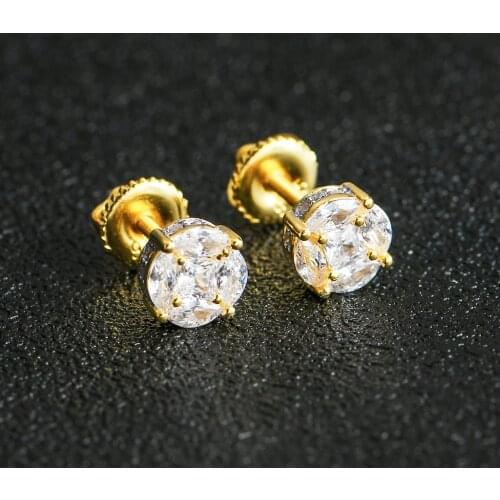 Hip HOP 5A+ Cubic Ice Out Stud Earring Round Sterling Sliver Earrings for Women Men Fine Jewelry 14KReal Gold Plating Earrings