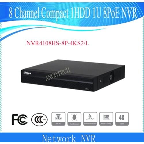 Dahua 8 Channel Compact 1HDD 1U 8PoE Network Video Recorder DHI-NVR4108HS-8P-4KS2/L Support 1HDD Metal Housing DAHUA POE NVR