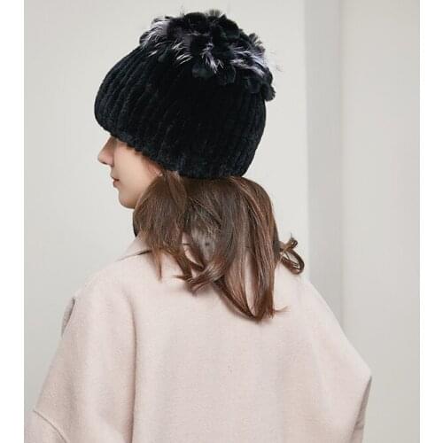 Womens winter rex rabbit fur hat knitted big flower and silver fox fur luxury fashion Russia hot sale beanie style hat