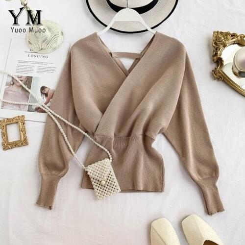 YuooMuoo Good Quality Soft Sweater Women Elegant V Neck Long Batwing Sleeve Knitted Pullover Ladies Outfit Jumper Sweater Top