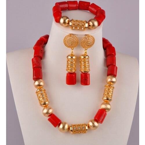 Swell Red Nigerian Wedding Coral Beads Necklace Jewelry Set African Necklace Sets for Women C43-03