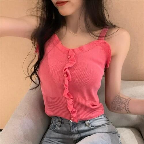 Tops Women Crop Top Ruffle Stretchy Camis Knitted Tops Sexy Tops With Buttons Women Sleeveless Solid Crop Top Pink Green Yellow
