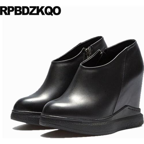 Wedge Platform Shoes Women Ladies Creepers Pumps Harajuku Zipper Genuine Leather Black Size 4 34 High Heels Round Toe Hidden