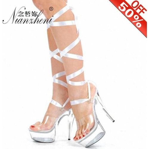 Cutout Temptation Multicolor Comfortable Thick Heel 15cm High-heeled Shoes Sandals 6 Inch Cross-tied Ribbon Crystal Shoes