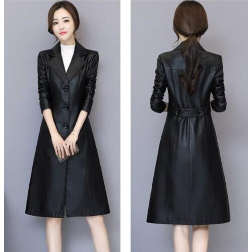 New 2020 Spring Winter Fashion Long Slim Leather Jacket Female Single Button Suit Collar Overcoat Steetwear Plus SIze 5XL LX2643