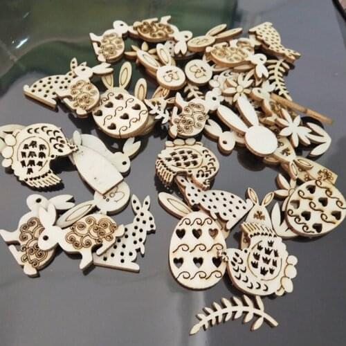 100pcs Happy Easter Rabbit Eggs Wood Chips Carved Embellishments Hanging Ornaments Handmade DIY Crafts Decoration