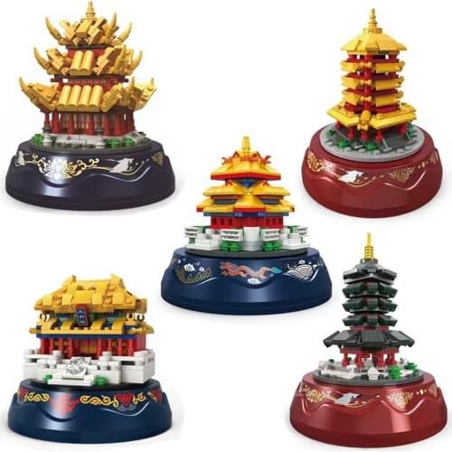 2021 City Street View Old Chinese Building Ancient Medieval Palace Music Box Building Block MOC Model DIY Bricks Toys