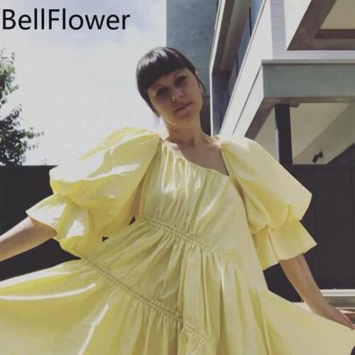 2021 Yellow Casual Mini Dress Women Cotton Loose Lovely Shirring Puff Sleeve Diagonal Collar Shopping Holiday Summer Dress Cheap