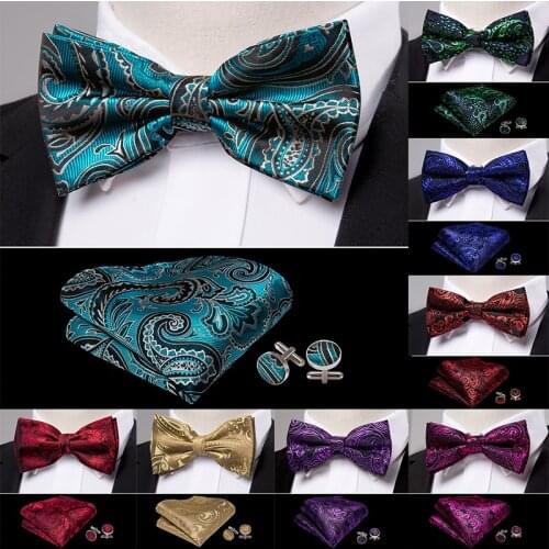 Barry.Wang Blue Green Gold Silk Men Bowtie Butterfly Paisley Handkerchief Cufflinks Set Pre-Bow tie Wedding Business Party