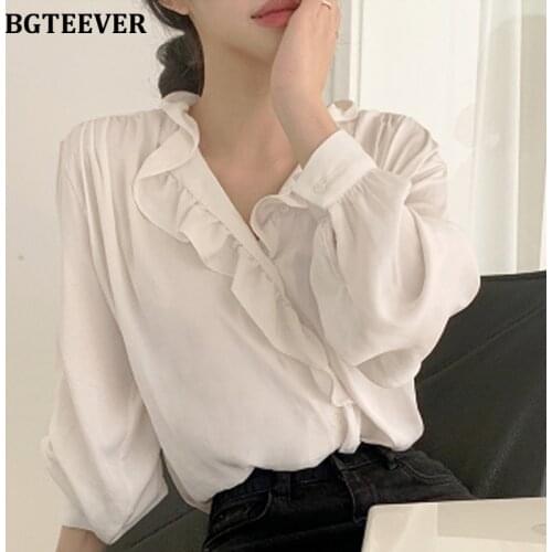 BGTEEVER Elegant Ruffles V-neck White Shirts Blouses for Women 2021 Spring Casual Long Sleeve Female Shirts Tops Ladies Blusas