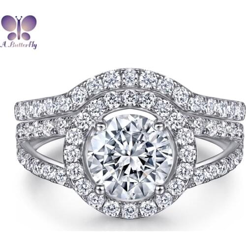 S925 Sterling Silver Rings Set 7.5mm Round Cut Simulated Diamond Wedding Engagement Jewelry Anniversary Gift