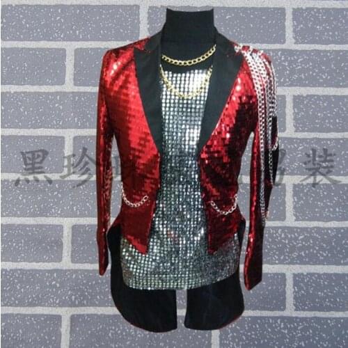 Red Men Tuxedo Suits Designs Masculino Homme Terno Stage Costumes For Singers Men Sequin Blazer Dance Clothes Jacket Style Dre