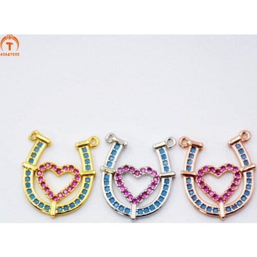 CZ Micro Pave Turquoises Heart shaped Pendant Charm Cubic Zirconia Pendant for Necklace Bracelet U shape double bail connector