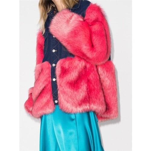 !!! 11.11 Hot Sale Winter Faux Denim Contrast Color Patchwork Jacket Coat Women Fashion Luxury Keep Warm Fur Outerwear