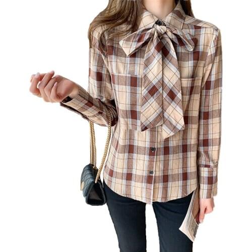 LUKAXSIKAX 2021 New Arrival Spring Autumn Women Long Sleeve Shirt Sweet Bow Ribbon Vintage Plaids Shirt Casual Women Tops
