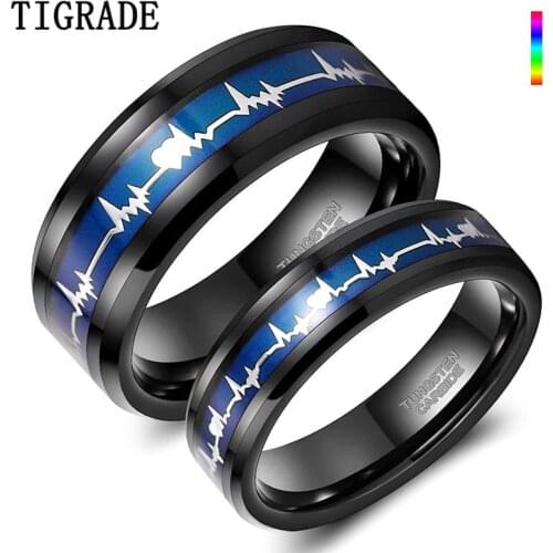 Tigrade 6mm 8mm EKG Heartbeat Wedding Band Black Tungsten Carbide Ring for Men Women Color Changing Comfort Fit Size 6-14