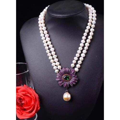 Purple green blue big daisy double pearl short necklace for girls fashion natural pearl jewelry 17-18"