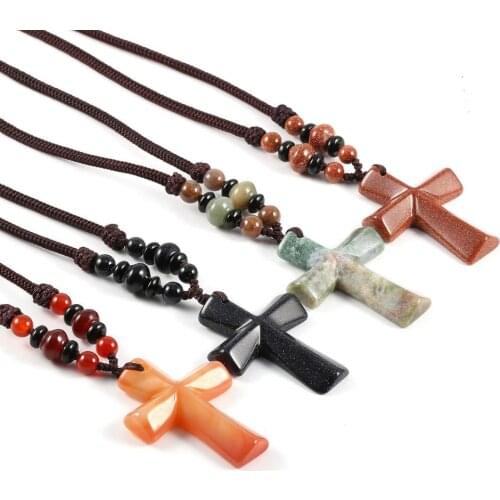 Natual Stone Pendant Cruciform With 66cm Necklace Women for Making DIY Jewelry Necklace Beads Gift Size 47x33mm
