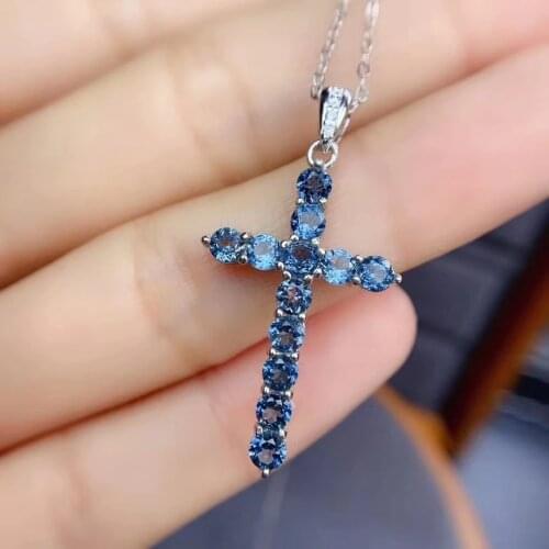 Cross necklace natural blue topaz gemstone necklace for women jewelry 925 sterling silver natural gem birthday gift birthstone