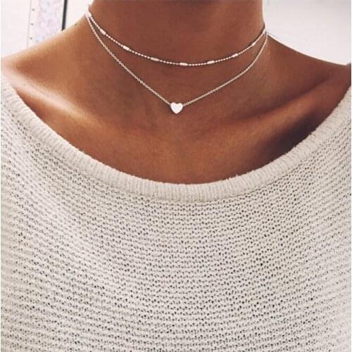 Romantic Love Heart Pendant Necklace Metal Beaded Double Layer Women Neck Accessory Fashion Jewelry