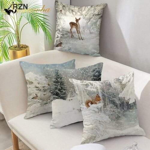 Christmas Pillow Case Home Decor Animal Deer Rabbit Pattern Printed Throw Pillow Covers Winter Cushion Cover Pillowcase