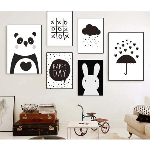 Cartoon Umbrella Canvas Painting Nordic Wall Art Posters Prints Pictures Modern Baby Room Black White Animals Home Decoration