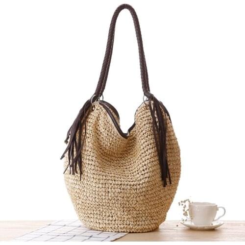 Bohemian Straw Women Shoulder Bags Casual Woven Wicker Tassel Buckets Lady Handbags Summer Beach Bag Large Capacity Rattan Totes