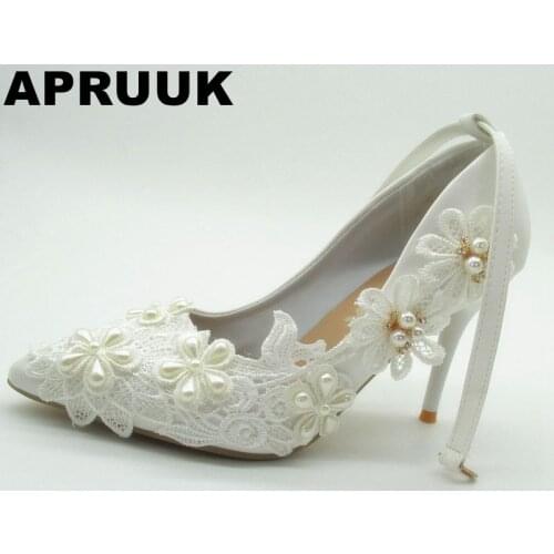 High heeled pointed toes wedding shoes women handmade lace flowers 9CM thin heels bride bridal party lace pumps shoes