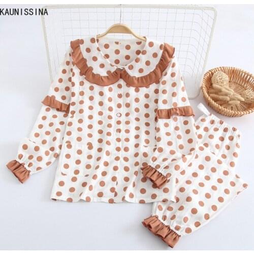 Spring Summer Pajamas Set Women Cotton Gauze Pregnant Nursing Clothing Doll Collar Long Sleeve Sleepwear Suits Loungewear Pajama