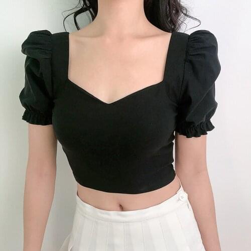 Vintage Square Collar Women Blouse 2020 Summer New Puff Sleeved Solid Short High Waist Lady Elegant Pulls Outwear Tops