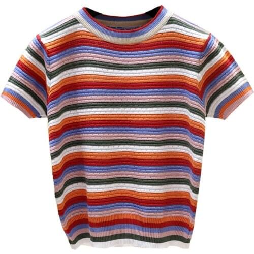 Women tshirt Casual Round Neck Striped Short Sleeve Slim colorful Ladies Summer Tee Tops