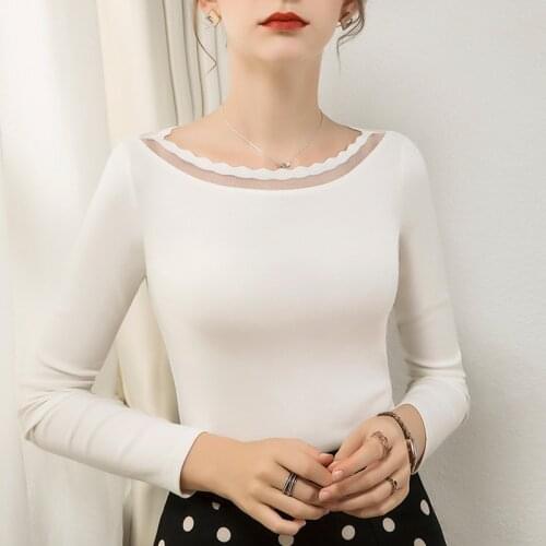 Women Cotton T-shirt Slash Neck Long Sleeve women shirt All match Lady Top Black White Gray Yellow Shir