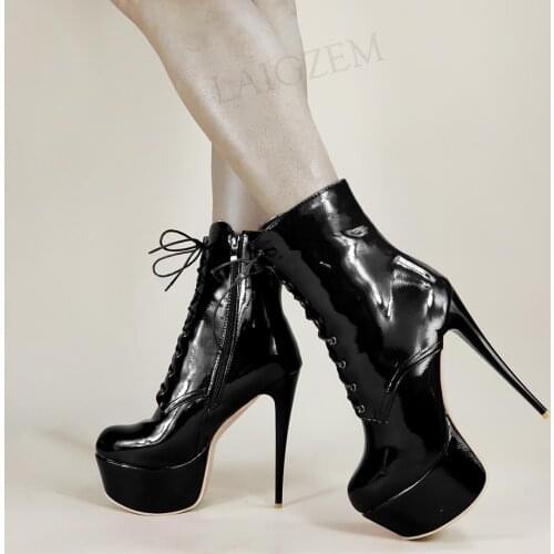 SEIIHEM SUPER Women Ankle Platform Boots Shiny Slim Heels Short Booties Unisex Female Club Dance Shoes Woman Size 33 42 44 48